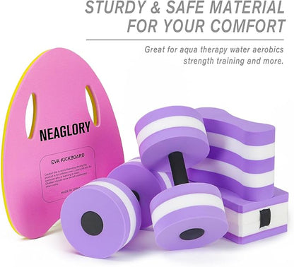 NEAGLORY 5 Pieces Water Aerobics Set, Aquatic Exercise Set Pool Fitness Equipment with Foam Dumbbell, Swim Kickboard, Pull Buoy, Aquatic Swim Belt for Water Workout