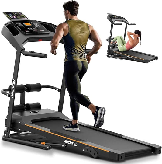Treadmill with Incline & Sit Up Bench, Smart Treadmills for Home with Body Fat Measurement & Heart Rate Sensor, 3.5HP Foldable Heavy Duty Treadmill 350 LB Capacity Multifunction Exercise Equipment