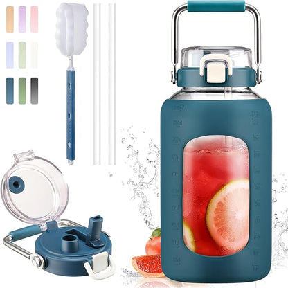BLUEGO 84oz Water Bottle Glass with Stainless Steel Handle Large 2.5l Water Bottle with Time Markers and Silicone Sleeve Half Gallon Water Jug BPA Free for Gym Daily Use, Dark Blue