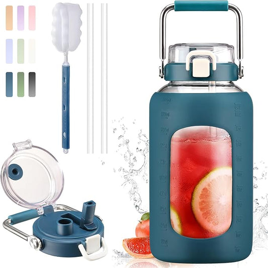 BLUEGO 84oz Water Bottle Glass with Stainless Steel Handle Large 2.5l Water Bottle with Time Markers and Silicone Sleeve Half Gallon Water Jug BPA Free for Gym Daily Use, Dark Blue