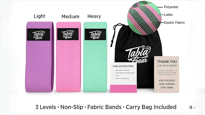 Fabric Resistance Bands – Non-Slip Workout Bands for Booty, Legs, Glutes – Set of 3 with Carry Bag – Light, Medium, Heavy – Home, Gym, Pilates, Yoga