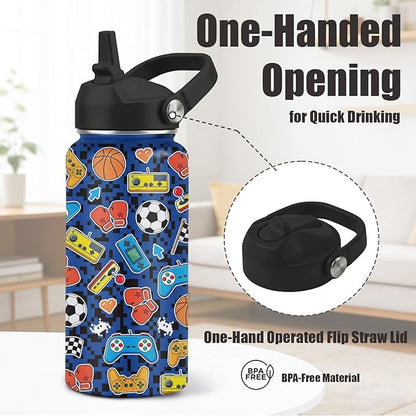 Gamer Water Bottle 32oz - Insulated Stainless Steel with Straw, Leak Proof Lid - Ideal Gaming Gifts for Kids Boys Teens - BPA-Free Sports Bottle for School, Travel & Gaming