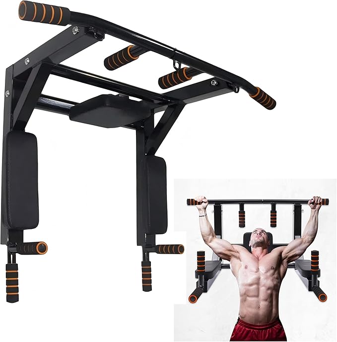 Wall Mounted Pull Up Bar Chin for Indoor Home Gym Workout, Power Tower Set Training Equipment Fitness Dip Stand Supports to 440 Lbs（Black）