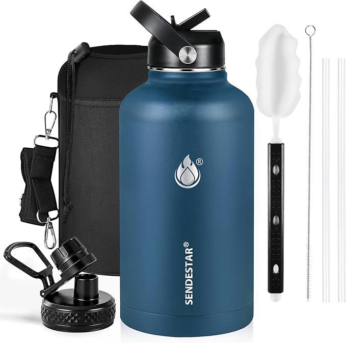 Insulated Water Bottle 64 oz, Triple Wall Vacuum Stainless Steel Water Bottles (Cold for 48 Hrs), Leak Proof & Non-BPA, Half Gallon Water Flask Jug Wide Mouth Straw Lid & Spout Lid