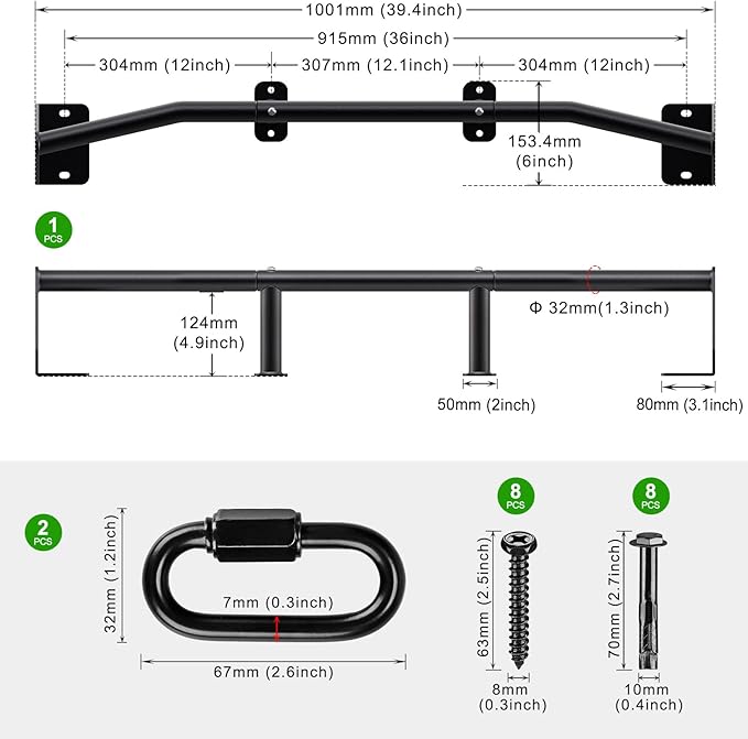SELEWARE Heavy Duty Wall Mount Pull Up Bar, Joist Mount Chin Up Bar for Doorway, Sturdy Steel Construction, w/Resistance Band Hooks, Fits 32"/36" Wall Studs for Home Gym Strength Training