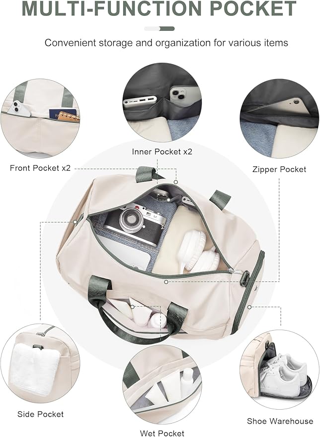 Gym Bag for Women Men with Shoe Compartment, Sport Duffel Bag, Waterproof Travel Weekender Overnight Carry on Bag for Yoga with Trolley Sleeve, Beige Green