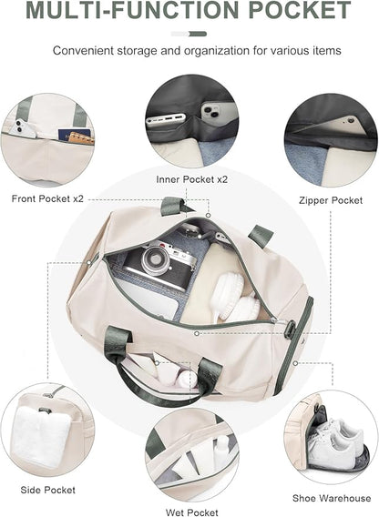 Gym Bag for Women Men with Shoe Compartment, Sport Duffel Bag, Waterproof Travel Weekender Overnight Carry on Bag for Yoga with Trolley Sleeve, Beige Green
