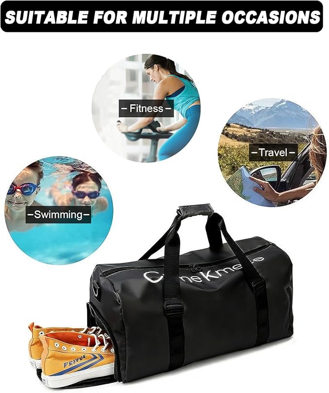 Gym Bag for Men Women Waterproof Duffle Bag with Shoes Compartment and Wet Pocket Multipurpose Sports Weekender Bags for Travel, Sports, Fitness and Workout,Black