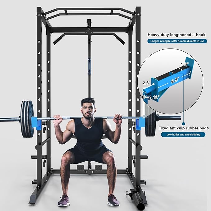 Power Cage, Multi-Functional Power Rack with J-Hooks, Dip Handles, Landmine Attachment and Optional Cable Pulley System for Home Gym