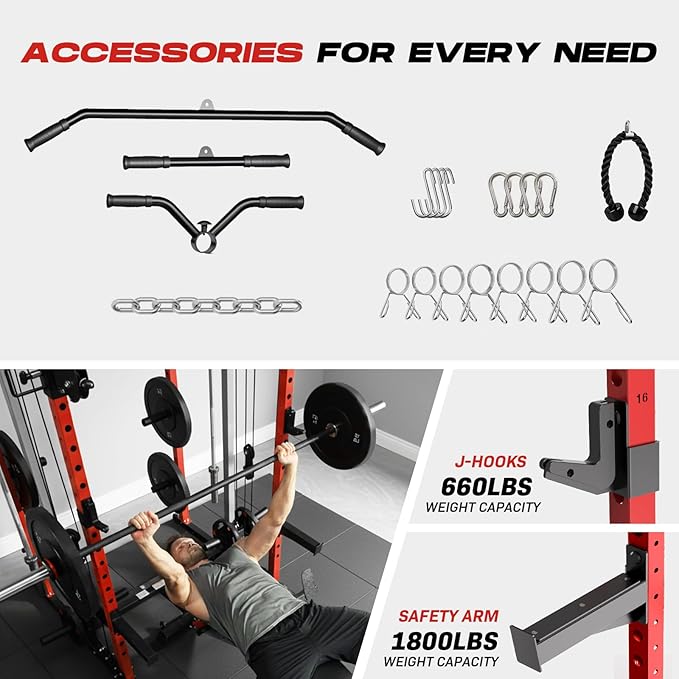 Power Cage Home Gym, Dual Pulley Cable Crossover System, All-in-One Squat Power Rack with Strength Training Attachments for Full-Body Workouts