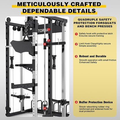 Smith Machine Strength Training Squat Rack with Smith Bar, Power Cage with LAT Pull-Down Systems, Cable Crossover Machine for Home Gym