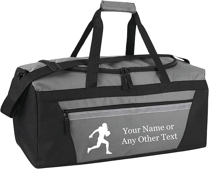 Personalized Sports Duffel Bags for Men and Women - 22” Customized Travel Duffle with Name & Football Design - Water Resistant Two-Toned Overnight Weekender Bag - Gray