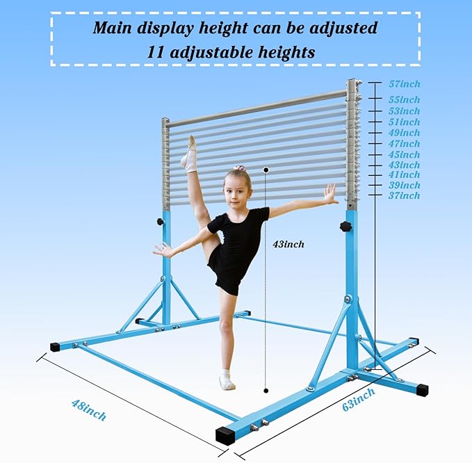 Gymnastics Bar for Kids Girls Ages 3-15 with Ring for Home Indoor Training Equipment- Steady Steel Construction, Anti-Slip, Easy to Assemble, 3' to 5' Adjustable Height