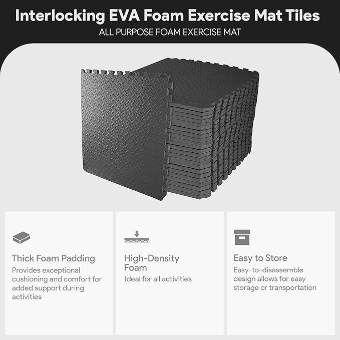 BalanceFrom Puzzle Exercise Mat 3/4" Thick, EVA Interlocking Foam Floor Tiles for Home Gym, Mat for Home Workout Equipment, Floor Padding for Kids, Multiple Sizes and Colors