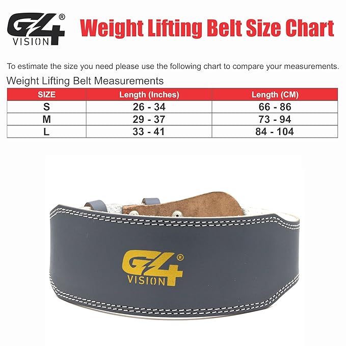 G4 Vision Genuine Leather Adjustable Weightlifting Belt 4 Gym Fitness Bodybuilding Powerlifting Deadlifting Thrusters Back Support Heavy Workout (Large, Gray)
