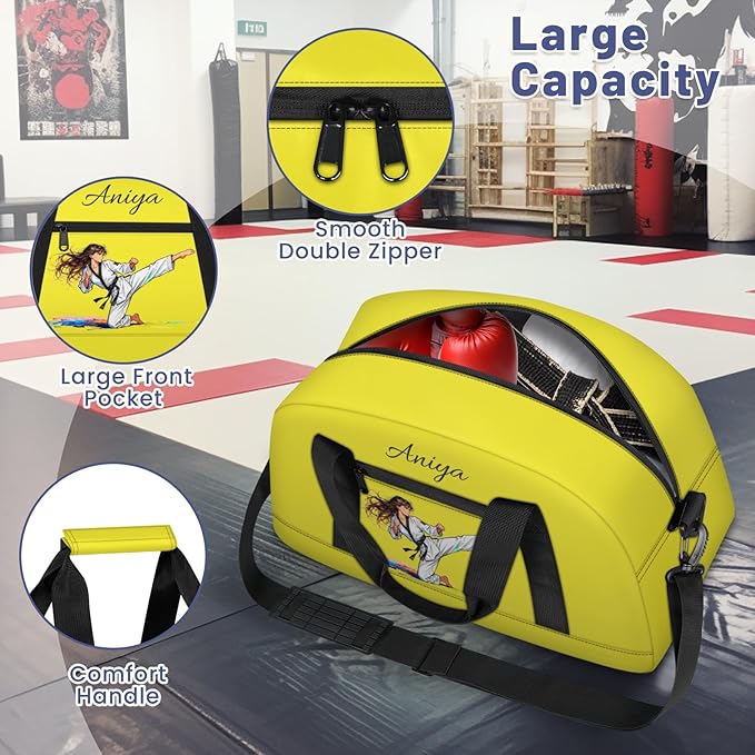 Custom Name Taekwondo Karate Duffle Bag for kids Girls - Personalized Martial Arts Gear Bag, Water-Resistant Sparring Equipment Bag, Taekwondo Yellow