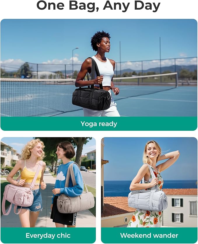 BAGSMART Reiki Gym Bag for Women, Mini/Medium Crossbody Bags for Women, 5L Dance Bag with Detachable Strap, 15L Yoga Mate Bag with Wet & Dry Pocket, Medium/Sand Brown