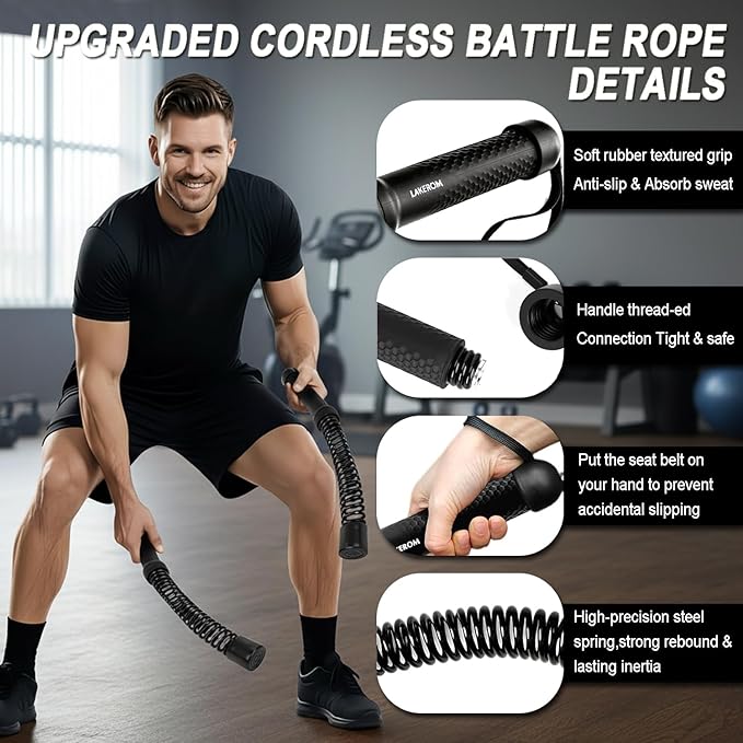 Ropeless Battle Ropes (2-in-1) Elatic Fitness Bar,Cordless Battle Ropes Sticks with Exercise Guide,Portable Home Gym Equipment for HIIT,Strength Low-Impact Workouts for Men & Women Black