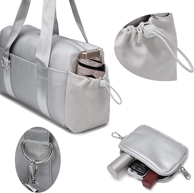 Everyday Mini Gym Bag for Women 2.0, Small Tote with Zipper Compartment Waterproof Travel Duffle Cute Handbag Workout Carry On with Removeable Shoulder Strap & Coin Wallet Easy to Clean-Silver