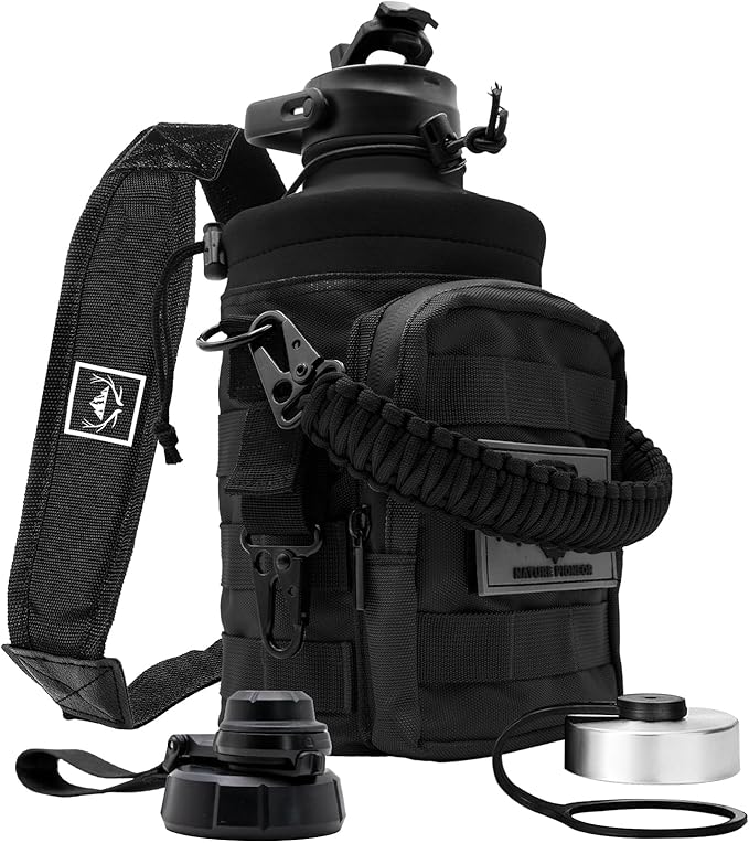 NATURE PIONEOR 64 oz Tactical Water Bottle Set, Stainless Steel Half Gallon Insulated Water Bottle with Tactical MOLLE Bottle Carrier Sleeve, for Outdoor Work, Gym, Hiking, Camping