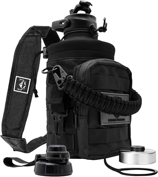 NATURE PIONEOR 64 oz Tactical Water Bottle Set, Stainless Steel Half Gallon Insulated Water Bottle with Tactical MOLLE Bottle Carrier Sleeve, for Outdoor Work, Gym, Hiking, Camping