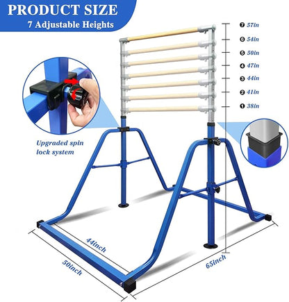 Foldable & Moveable Gymnastics Horizontal Bar with Rings,3’to 5’Adjustable Height Expandable Junior Kip Bar for Home,Indoor Gym Equipment for Kids
