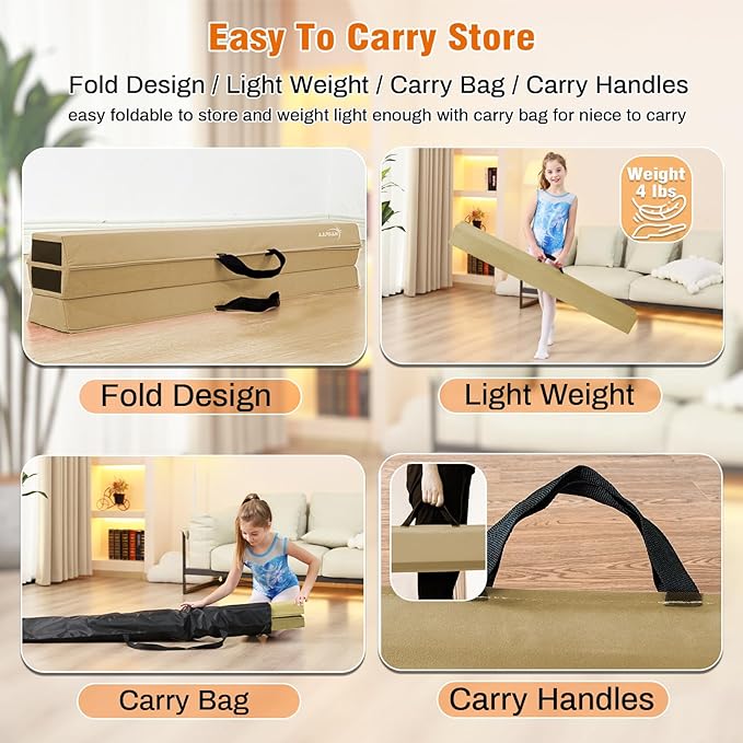 MARFULA 6 FT / 8 FT / 9 FT Folding Gymnastics Beam Foam Balance Floor Beam - Extra Firm - Suede Cover - Anti Slip Bottom with Carry Bag for Kids/Adults Home Use