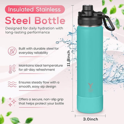 Y TOP 24oz Insulated Water Bottle Leak Proof Spout Lid Fits in Car Cup Holder – Double Wall Dishwasher Safe Easy Clean stainless steel drinking water bottle for Gym Kids Sports Travel Hiking School