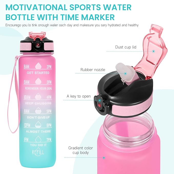 32 oz Motivational Water Bottle with Time Marker,Water Bottles with Times to Drink and Straw with Carrying Strap,Perfect For Fitness Gym Outdoor,BPA Free (Pink & Blue Gradient)