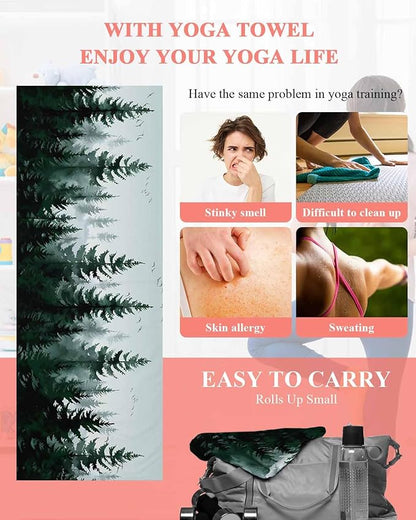 Pine Tree Forest Yoga Mat Towel with Corner Pockets for Hot Yoga Non Slip,Absorbent Yoga Blankets Microfiber Soft Gym Sweat Working Out Fitness Pilates Towels 74"x26" Green Landscape Nature Decor