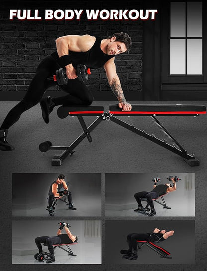 LINODI Adjustable Weight Bench for Home Gym，Foldable Incline Decline Flat Workout Bench for Full Body Strength Training, Dumbbell Press & Ab Exercises
