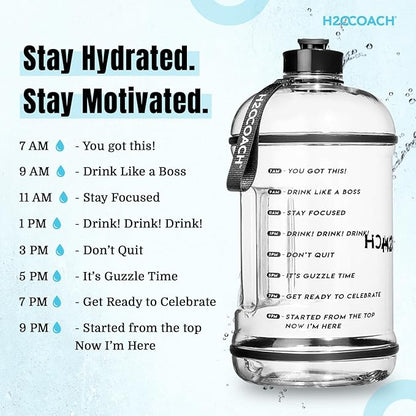 H2OCOACH 1 Gallon Hydration Jug with Time Marker & Measurements, BPA-Free Tritan Sports Drink Container, Motivational Daily Intake Tracker for Gym, Workout, & Fitness Routines (128 oz)