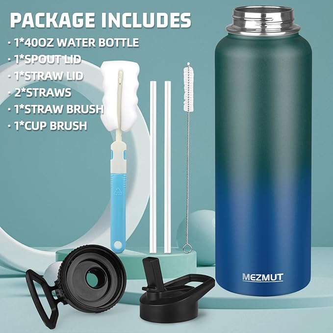 Insulated Water Bottle with Straw&2 Lids 40oz Stainless Steel Water Bottles Sports Metal Water Bottle Double Walled Vacuum Insulated Bottles Leak-Proof Travel Cup (Green Blue)