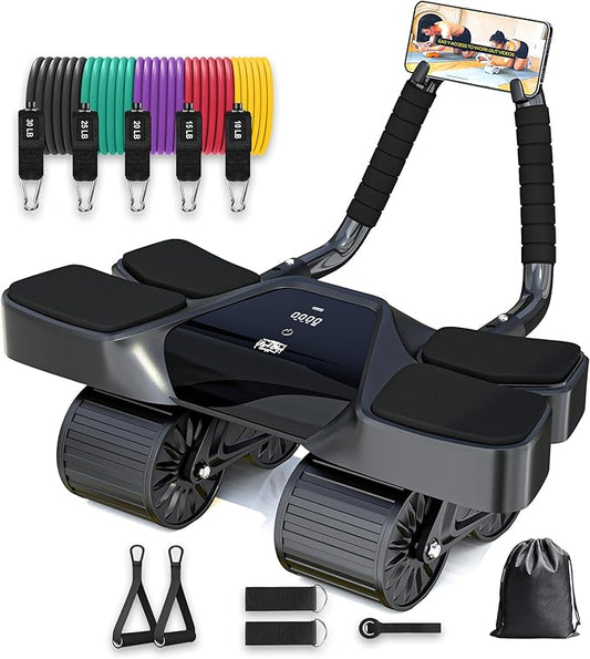 Ab Roller Home Gym Equipment – 4 Wheels Ab Wheel Muscle Roller with LCD Screen, 5Pcs Resistance Bands, Ankle Straps, Door Anchor, Handles, Travel Bag – Comfortable Elbow Support with Non-Slip Handles