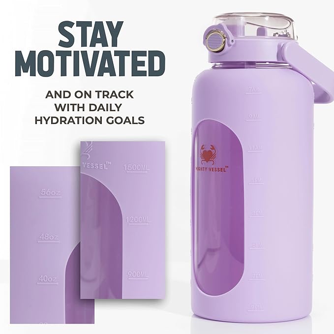 64 Oz Water Bottle with Time Marker & Straw - Violet Pregnancy 2 Liter Glass Water Bottles with Measurements - Daily intake bottle - Leakproof Borosilicate jug