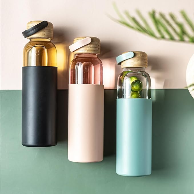 21oz Borosilicate Glass Water Bottle with Non-Slip Sleeve & Leak-Proof Lid-Reusable Drink Bottle for Office,Travel,Gym,Hiking-Ideal Gift for Home,Car & Fitness Enthusiasts (2pcs Pink)