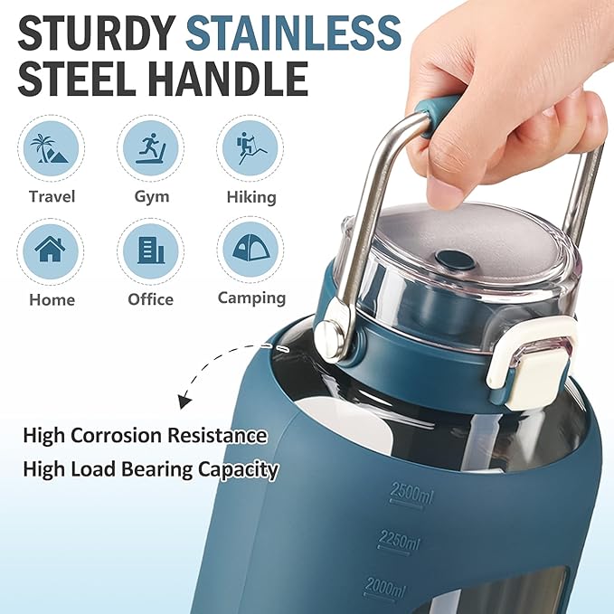 84oz Glass Water Bottle with Stainless Steel Handle,2.5L Gallon Water Bottle with 2-IN-1 Straw Lid, Silicone Sleeve and Motivational Capacity Marker, Wide Mouth Water Jug For Gym, Dark Blue