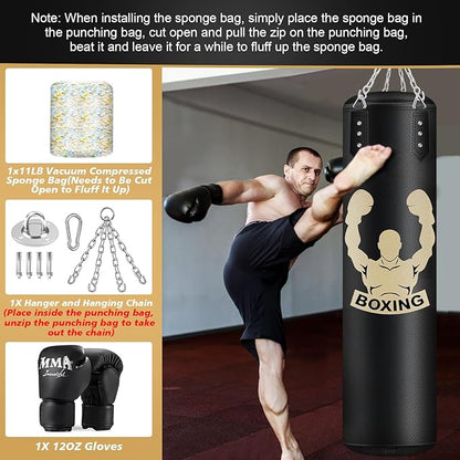 4FT Hanging Punching Bag for Adults, Super PU Leather Boxing Training Equipment Heavy Bag with 12OZ MMA Gloves, Unfilled Kicking Bag Boxing Set for Training Karate Kickboxing Muay Thai
