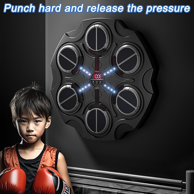 Music Boxing Machine with Smart Scoring, Wall-Mounted Target, Rhythm Lights, 3-Speed Adjustment, and Boxing Gloves – Fitness and Fun Toy for Adults, Boys, and Girls（Black）