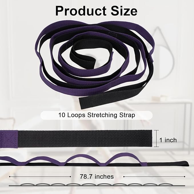 Yoga Strap for Stretching with 10 Loops Inelastic Soft Polyester Cotton Stretch Out Band for Exercise, Yoga, Pilates and Dance for Men and Women