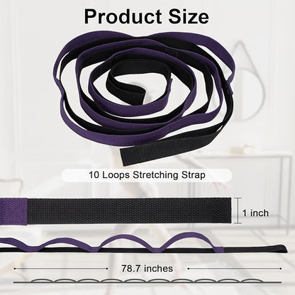 Yoga Strap for Stretching with 10 Loops Inelastic Soft Polyester Cotton Stretch Out Band for Exercise, Yoga, Pilates and Dance for Men and Women
