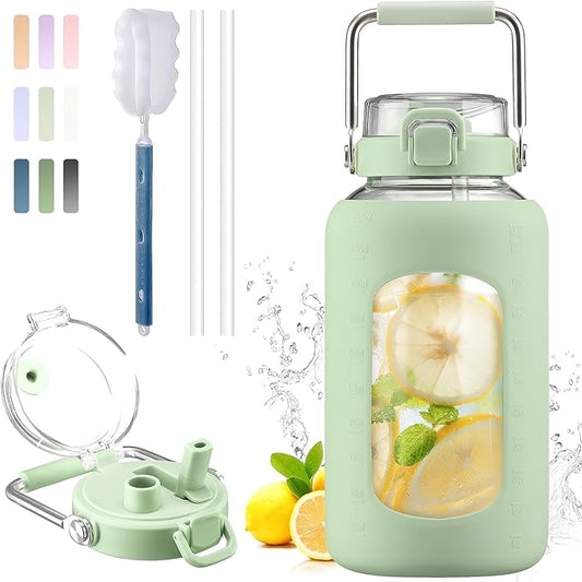 BLUEGO 84oz Water Bottle Glass with Stainless Steel Handle Large 2.5l Water Bottle with Time Markers and Silicone Sleeve Half Gallon Water Jug BPA Free for Gym Daily Use, Light Green