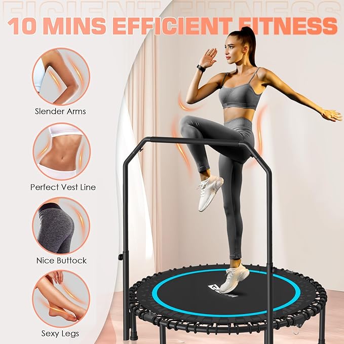 BCAN BT2 450/550LBS Mini Rebounder Trampoline for Adults with Bar, Fitness Trampoline with Bungees, Adjustable Handle, Stable & Quiet, Indoor Outdoor, Whole-Body Workout & Relaxation at Home-40IN/48IN