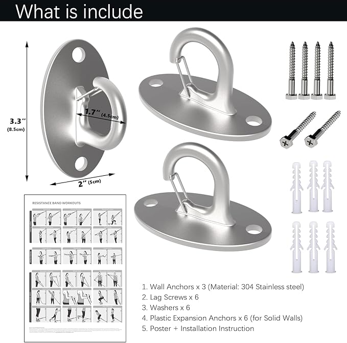 FITKIT 3-Pack Resistance Band Wall Anchors, 304 Stainless Steel No Weld Wall Mount for Exercise Bands & Suspension Straps, Strength Training Spring Snap Hooks for Gym Home Exercises