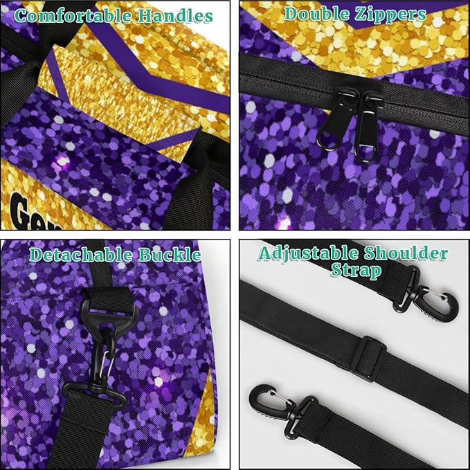 Personalized Cheerleaders' Bag with Team Number - Customized Travel Duffle Bag for Girls, Kids - Gold Purple Sequins Glitter