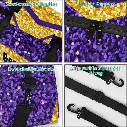 Personalized Cheerleaders' Bag with Team Number - Customized Travel Duffle Bag for Girls, Kids - Gold Purple Sequins Glitter