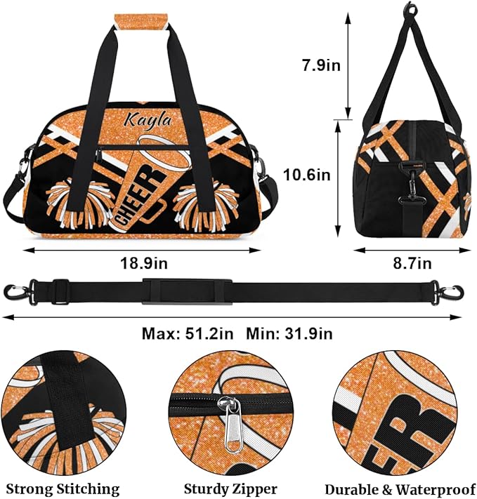 Personalized Girls Gym Cheerleading Bag Sport Duffle Bag, Custom Name Carry On Weekender Bag for Women Men Travel Vocation Business Trip, Orange Glitters Black