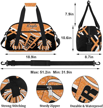 Personalized Girls Gym Cheerleading Bag Sport Duffle Bag, Custom Name Carry On Weekender Bag for Women Men Travel Vocation Business Trip, Orange Glitters Black