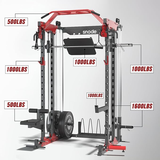 SNODE ALL10 Smith Machine for Home Gym, Power Rack with Cable Crossover, Squat Rack with Leg Press and Advanced LAT Pull-Down Seat, 2000LB Weight Capacity