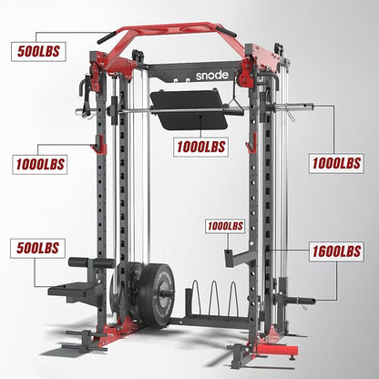 SNODE ALL10 Smith Machine for Home Gym, Power Rack with Cable Crossover, Squat Rack with Leg Press and Advanced LAT Pull-Down Seat, 2000LB Weight Capacity